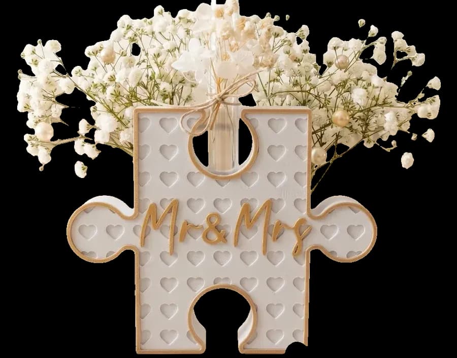 Peça de puzzle Mr & Mrs com raminho de flores