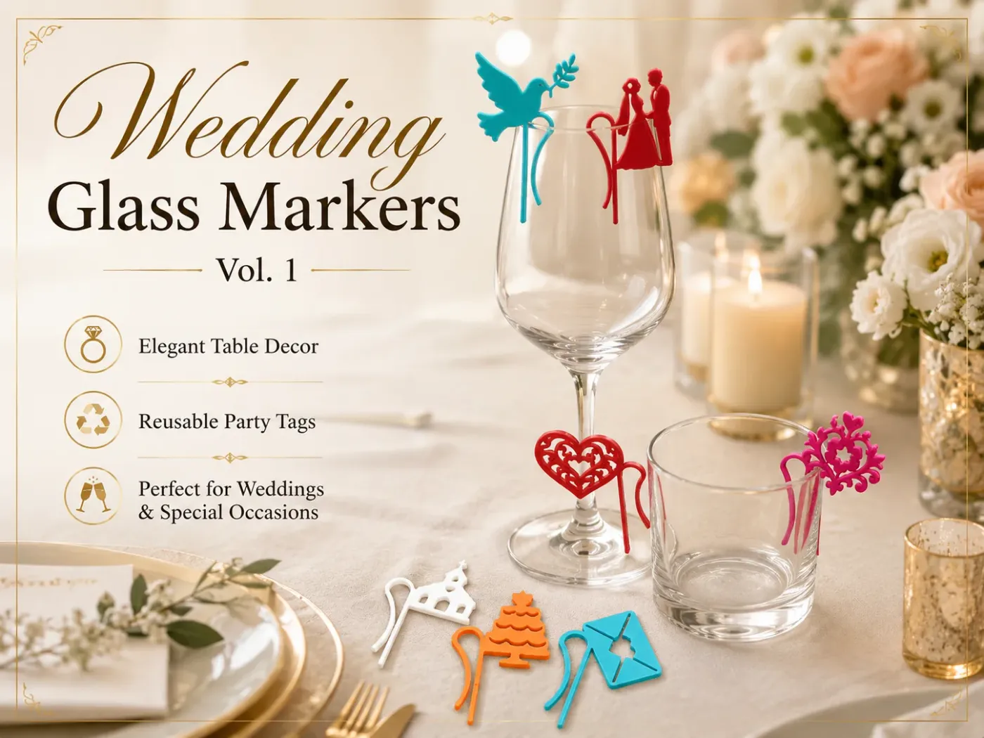 Marcadores de copo com motivos de casamento