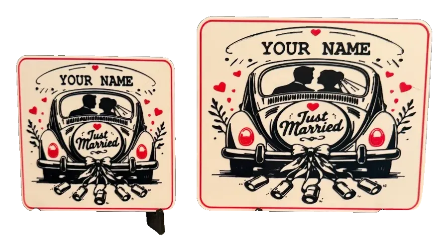 Placa e base de copo Just Married com o vosso nome