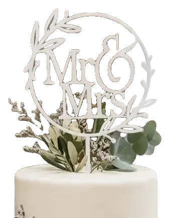 Topo de bolo Mr & Mrs em círculo de folhas